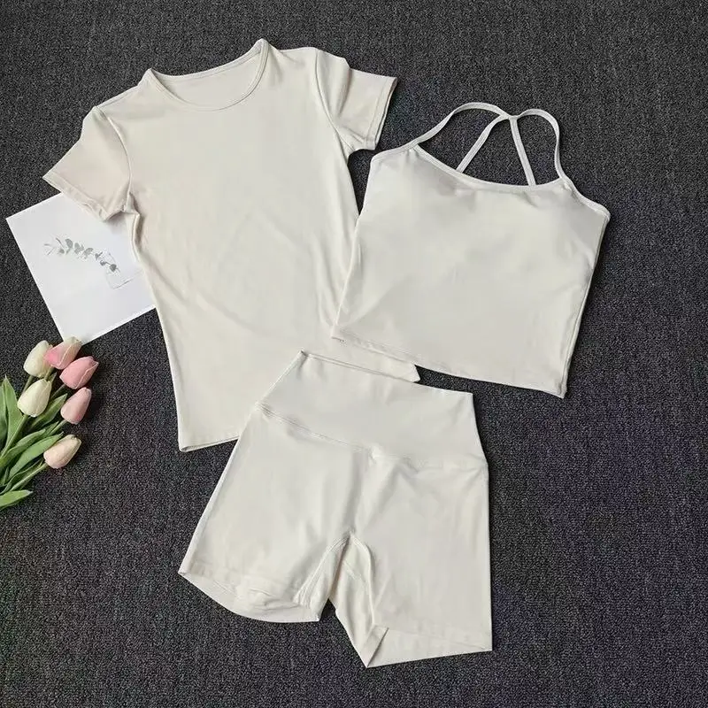 Women's Slim Shoulder Yoga Vest High Waisted Waist Hugging Naked Yoga Three Part Shorts Exercise Set Popular Fitness Clothing