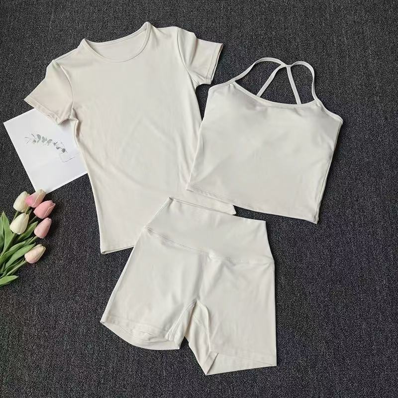  Women's Slim Shoulder Yoga Vest High Waisted Waist Hugging Naked Yoga Three Part Shorts Exercise Set Popular Fitness Clothing 