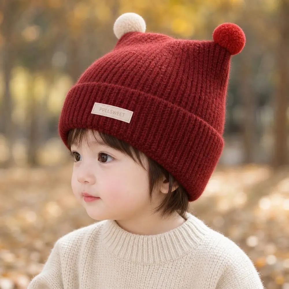 New Mushroom Ball Baby Knit Hat Thickened Ear-Covering Infant Winter Hat Antenna Cute Style Toddler Beanie for Baby Boys