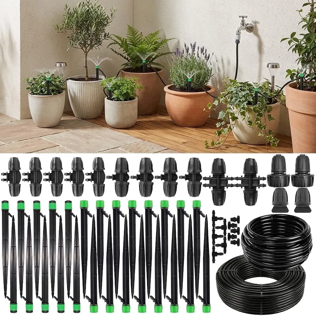 Premium Adjustable Complete Drip Irrigation System for Garden Featuring Drip Emitter with 5/16 Inch and 1/4 Inch Irrigation Tube