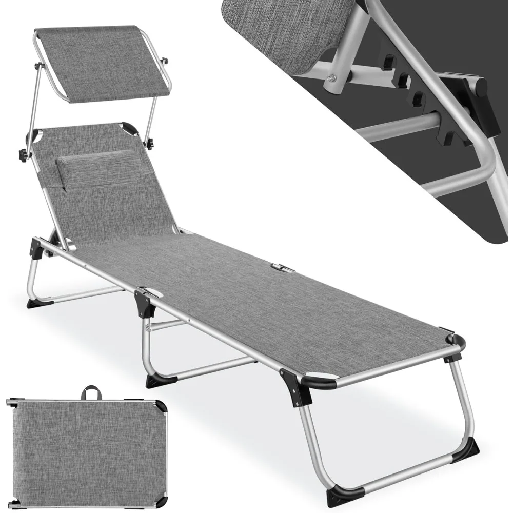 Lettino da spiaggia, schienale regolabile in 6 posizioni, parasole, lettino pieghevole e trasportabile, lettino da giardino