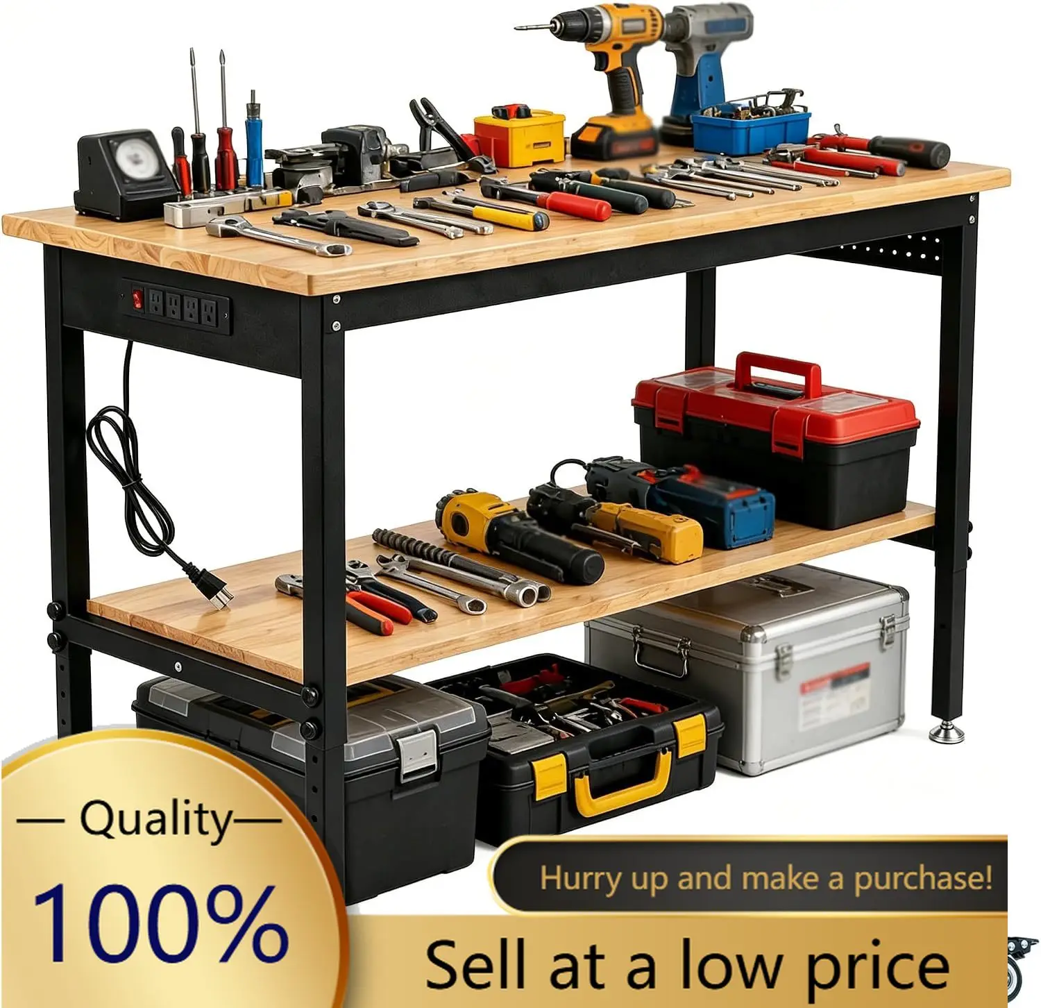 60 Inch Height Adjustable Workbench with Casters | Supports up to 2500 LBS Height Adjustable Rolling Worktable with Power Outlet