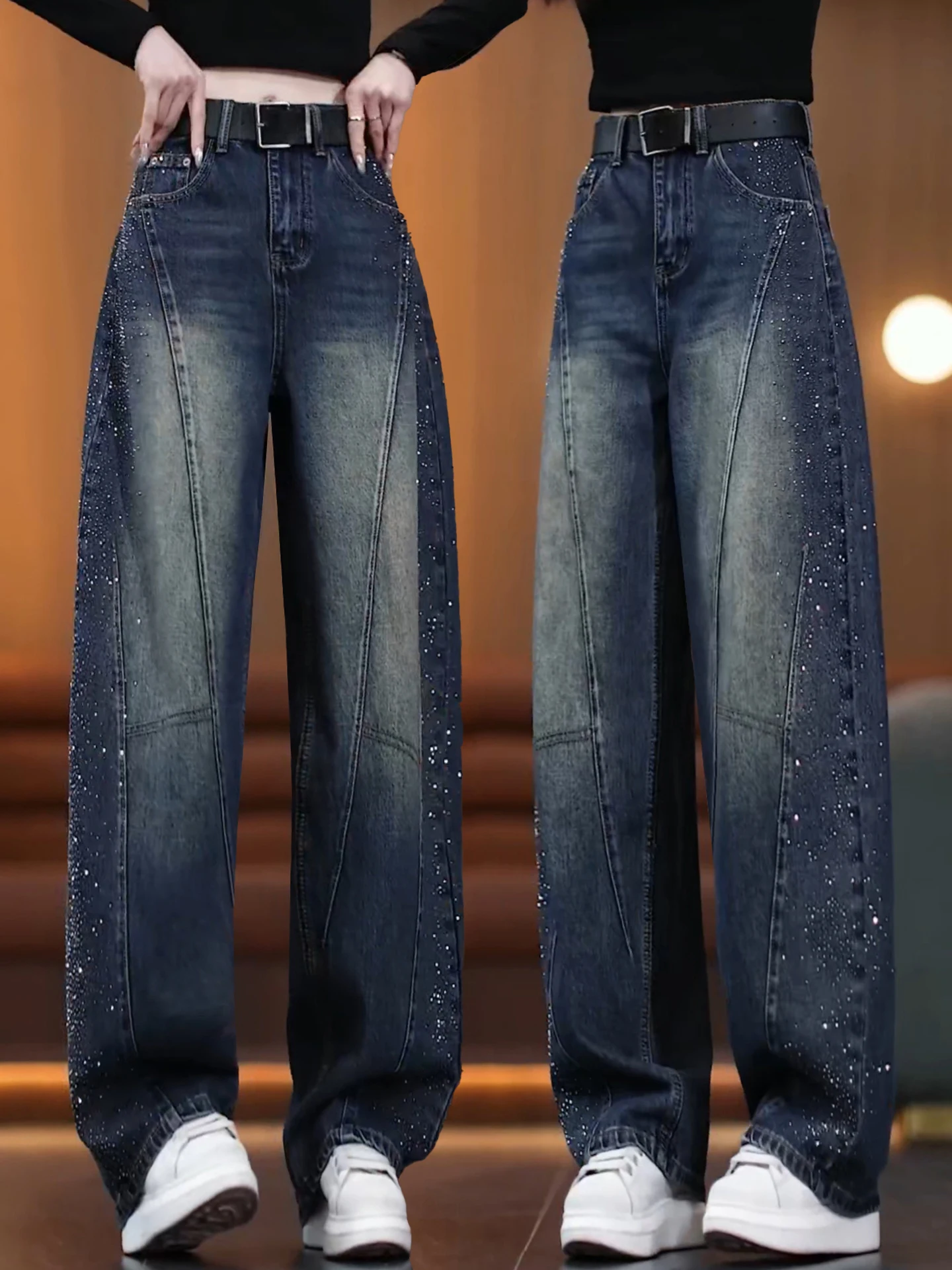 

Женские джинсы с широкими штанинами и стразами в стиле ретро, весна-осень, с высокой талией, свободные, стройнящие, из денима, повседневный стиль