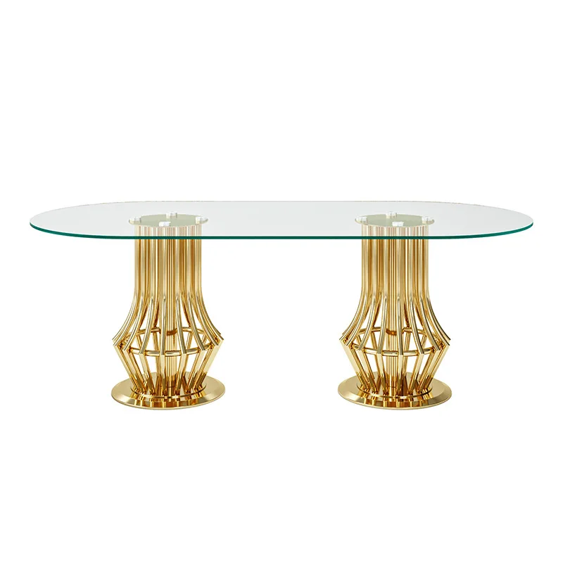 

Light luxury stainless steel dining table Hong Kong-style oval table Household Italian glass dining table Modern