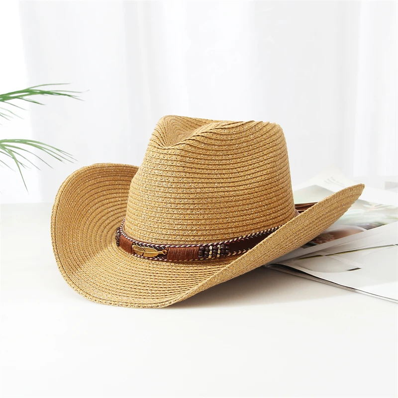 Vintage Western Wide Brim Cowboy Straw Hat for Women Men Summer Beach Sun Cowgirl Hats