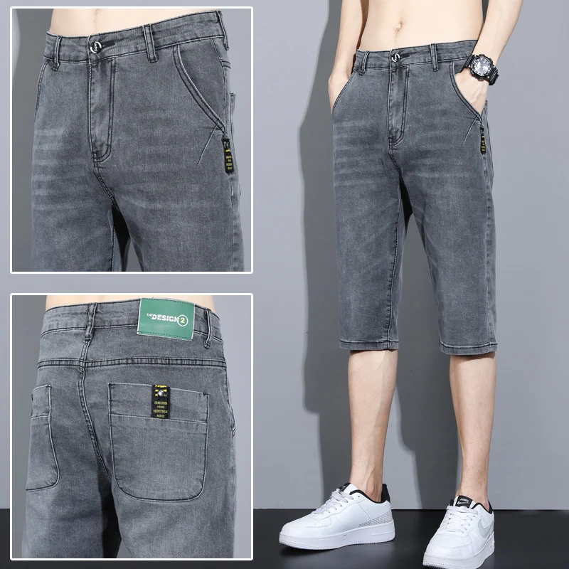 

Summer Stretchy Slim Fit 7/8 Length Men's Jeans Trendy Fashion Thin Cotton Polyester Blend Elastic Waist Straight Leg Pants