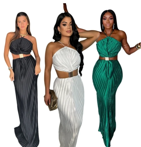 

Women's pleated sexy lace up evening gown with a slit back