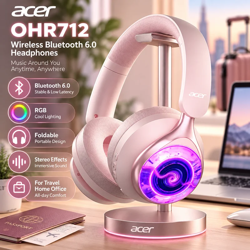 Acer Wireless Bluetooth 6.0 Headphones RGB Cool Lighting Foldable Over-Ear Headphones Stereo Effects for Travel Home Office