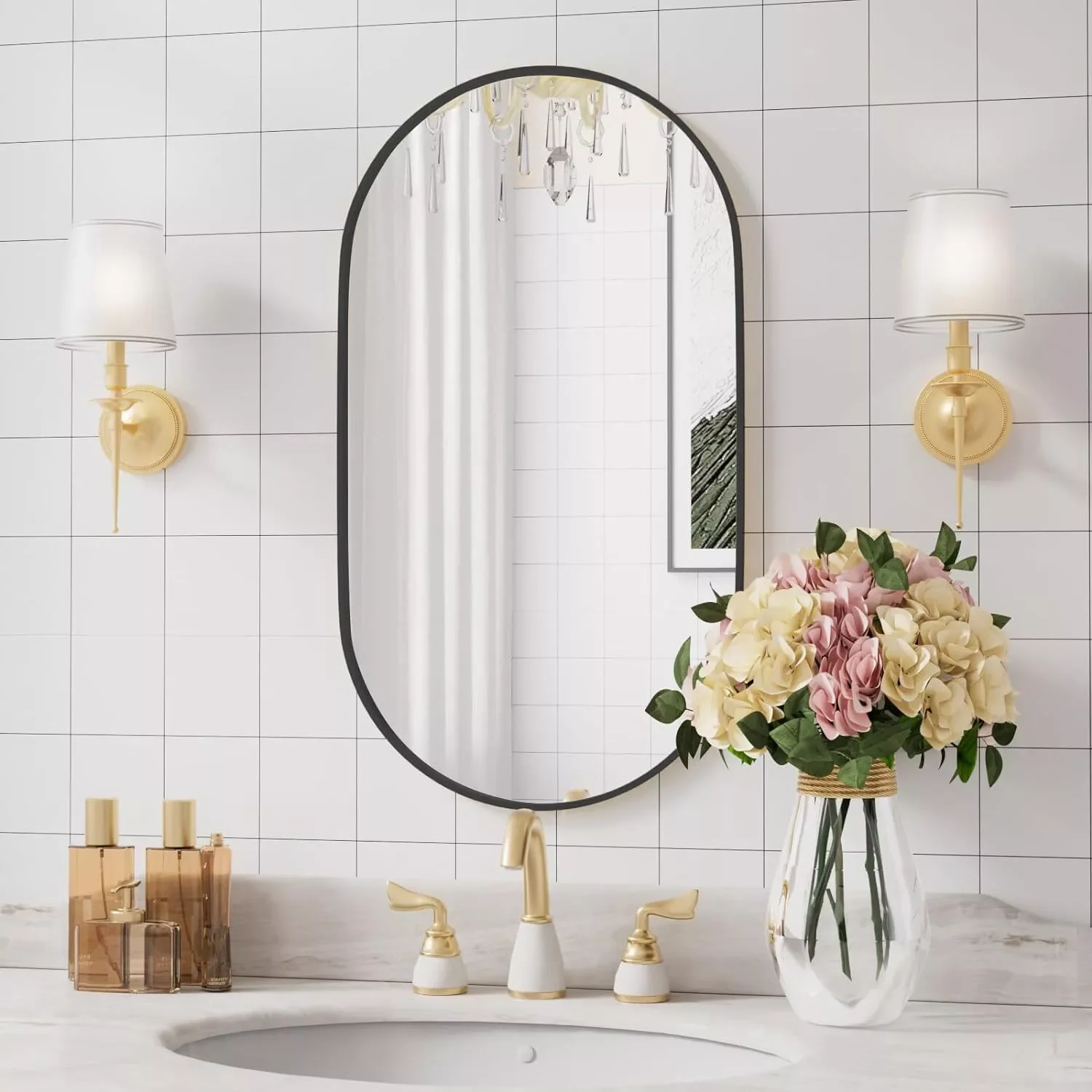 

LUVODI 1000x500mm Oval Black Metal Frame Wall Mirror Accent Full Length Vanity Mirror for Bathroom,Entryway,Bedroom Decor