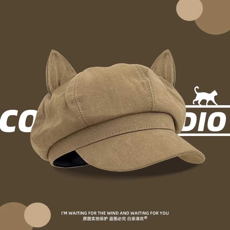 

Korean Version Simple Spring and Autumn New Cat Ears Newsboy Cap Spring and Autumn Niche Fashion Short Brim Sunshade Painter Hat