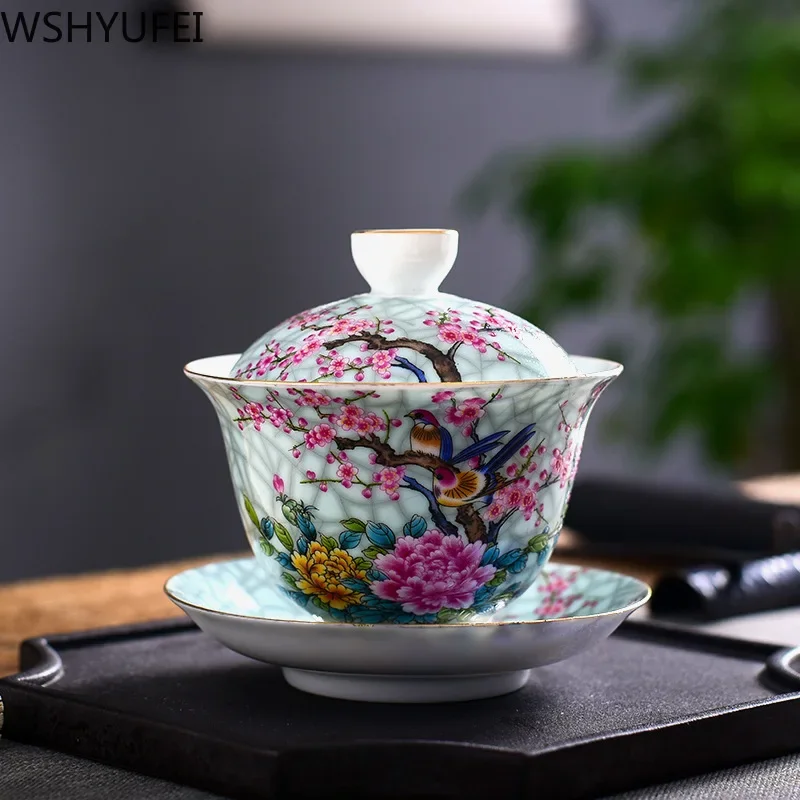 WSHYUFEI Jingdezhen Porcelain Art Bird Gaiwan Ceramic Flower Tea Bowl with Saucer Lid Kit Master Tea Tureen Drinkware Gift 180ml