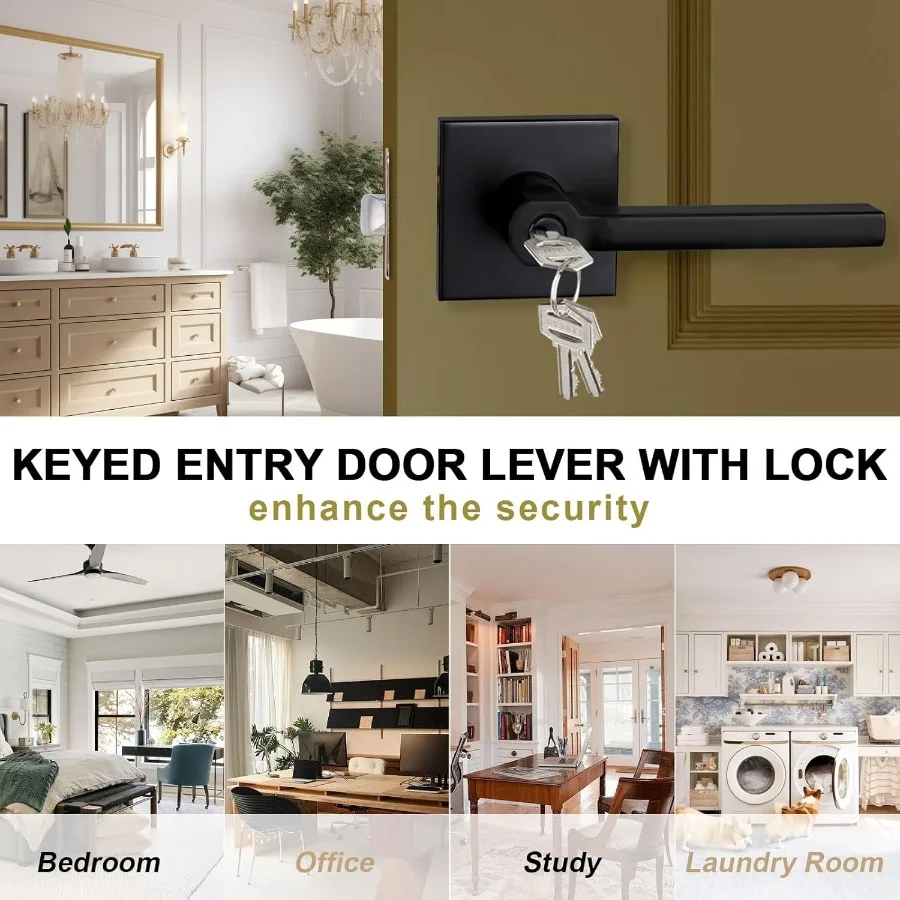 مقبض باب داخلي مربع عالي التحمل مع قفل للباب الأمامي ودخول المكتب، تصميم ذو وجهين باللون الأسود غير اللامع لليمين