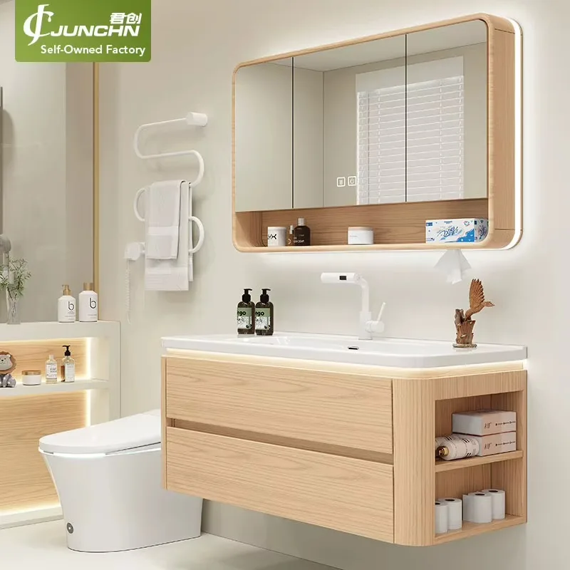 Modern Floating Bathroom Cabinet Curved Lacquered Body Integrated Ceramic Basin LED Light Round Edge Mirror Bathroom Vanity