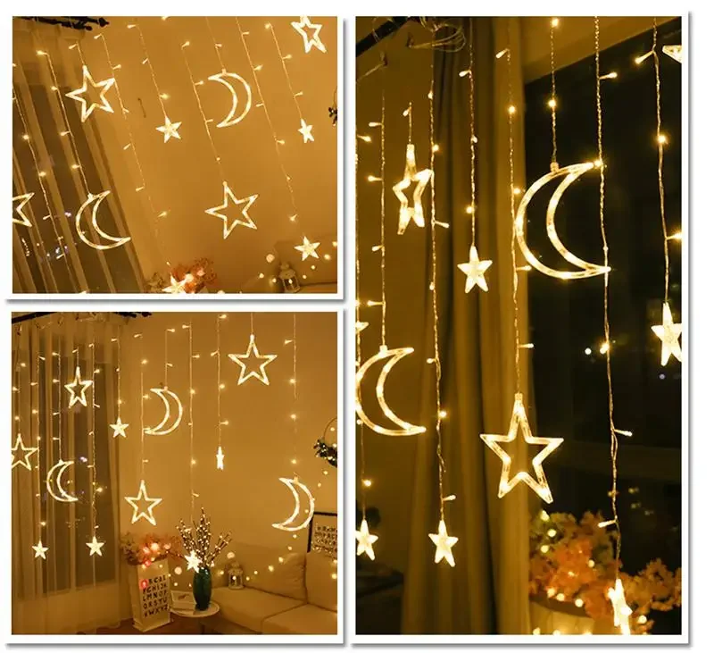 Christmas Fairy Curtain String Lights 3.4M LED Star Deer 220V 110V Garland Festoon for Xmas Tree New Year Navidad Party Decor