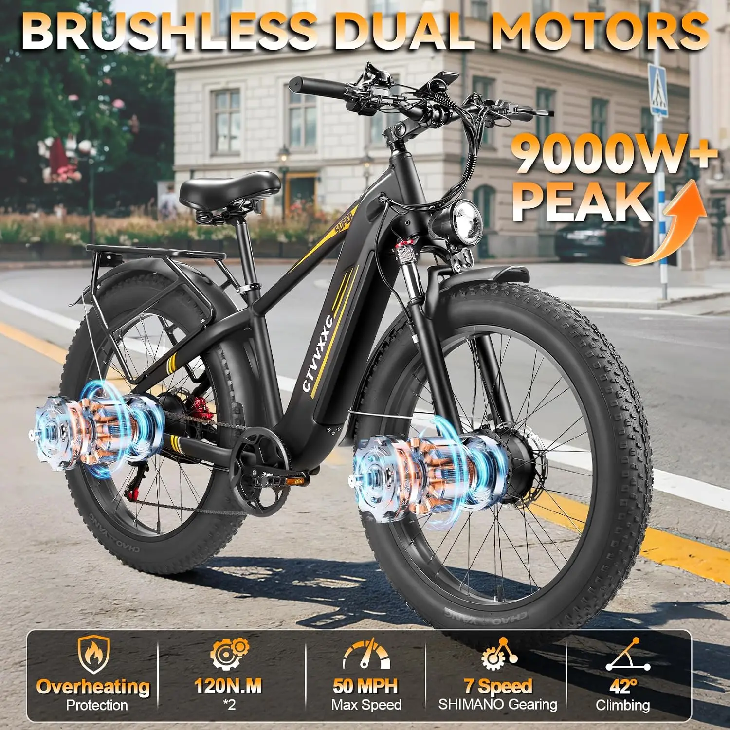9000W Dual Motor Ebike 52V 30AH Battery Smart Light Adjustable Stem 50MPH 100 Mile 26 Inch Fat Tire Bike Snow Dirt, Customized