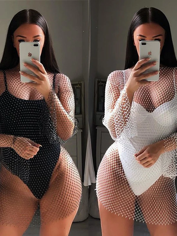 

Sexy Mesh Dress Gogo Neck Hollow out Club Performance Costume Stage Costume Net Clothes Dance Performance Promotional Offer