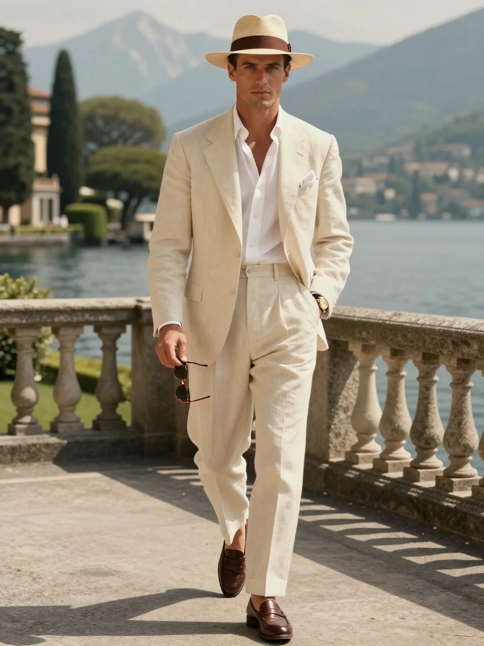 Vintage Mens Beige Linen 2 Piece Suit Single Breasted Formal Evening Wedding Party Lightweight Summer Holiday Customized