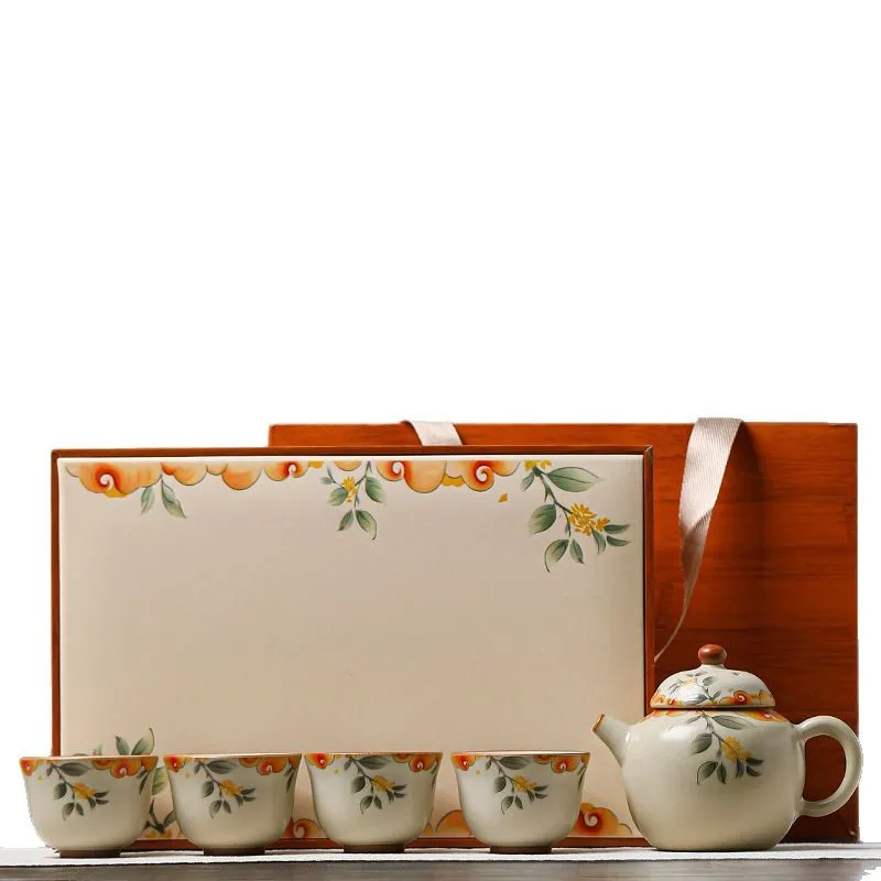 

Ru Kiln Xishi Pot One Pot Four Cups Kung Fu Tea Set Small Set Ceramic Brewing Teapot Teacup Complete Set Household Gifts
