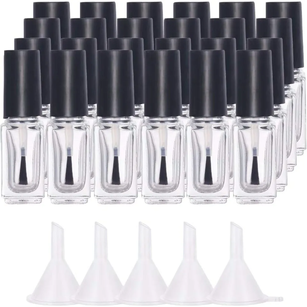 24PCS 5ml Mini Empty Nail Polish Bottle Clear Glass Nail Varnish Bottles with Brush Cap and 5PCS Funnels