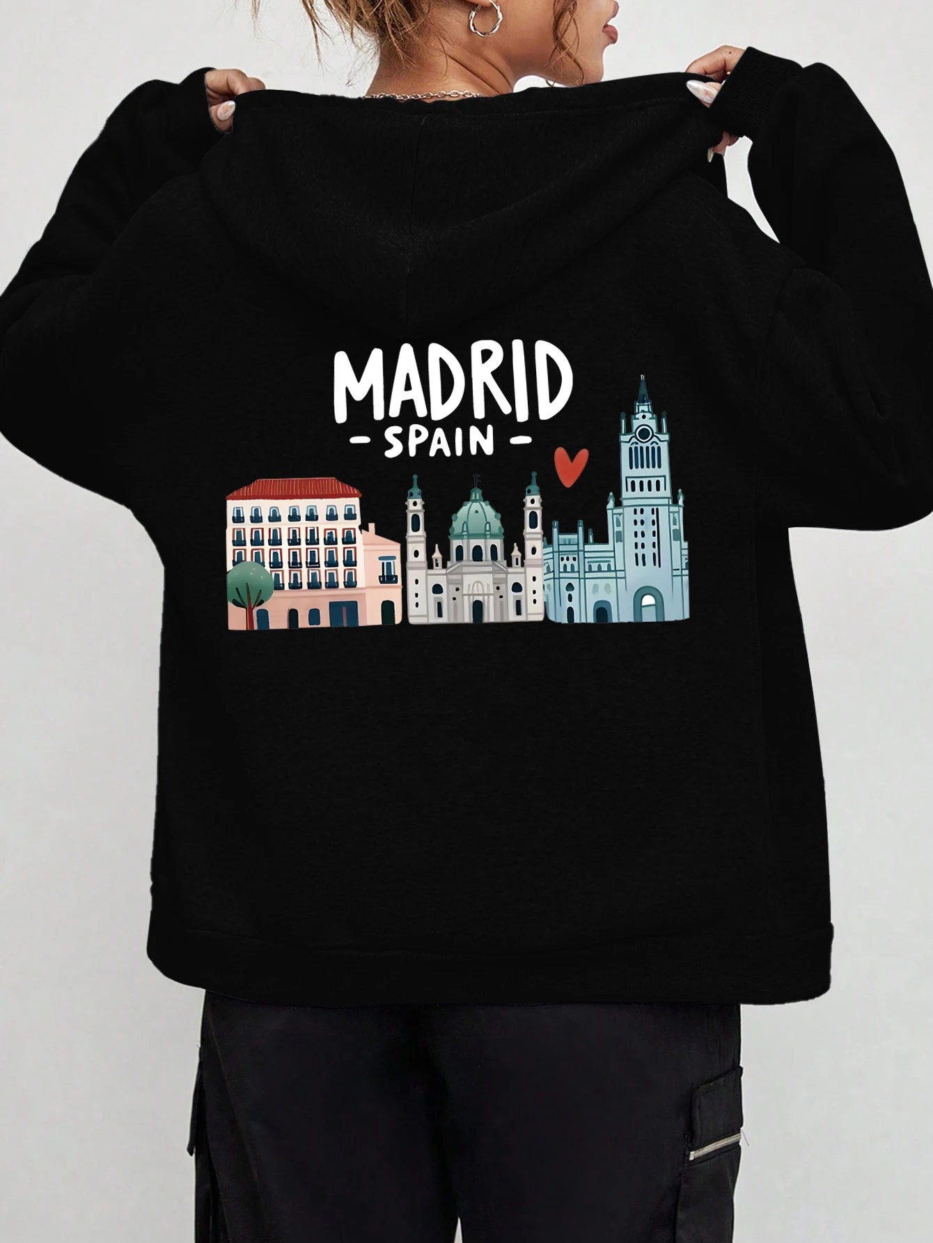 

Толстовка на молнии с принтом «Мадрид Испания», женская карманная мягкая одежда, повседневная осенняя толстовка на молнии, флисовая спортивная одежда в стиле хип-хоп