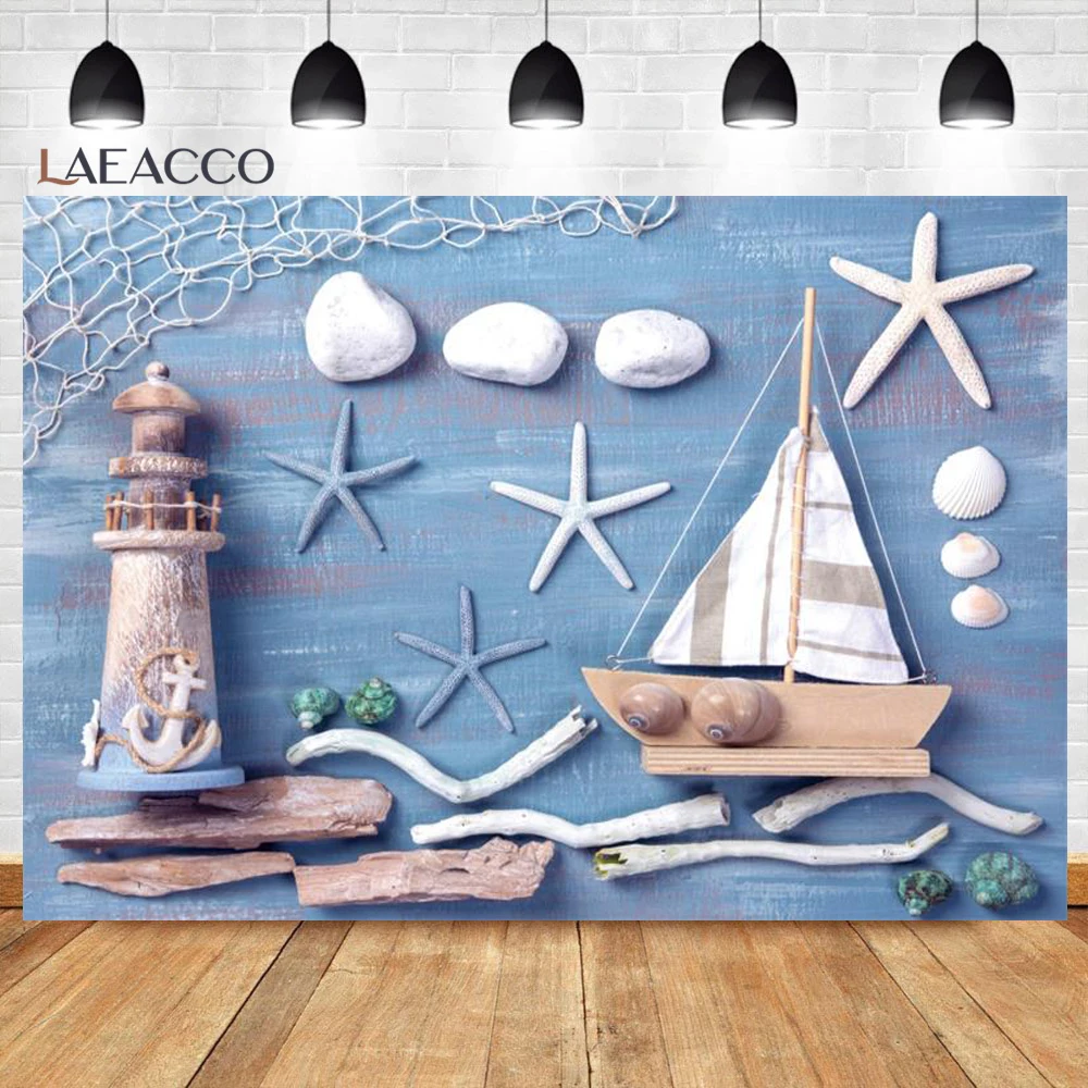 Summer Sailing Wood Boat Anchor Wheel Rudder Fishing Net Party Photo Backdrop Baby Shower Birthday Party Decor Background Props