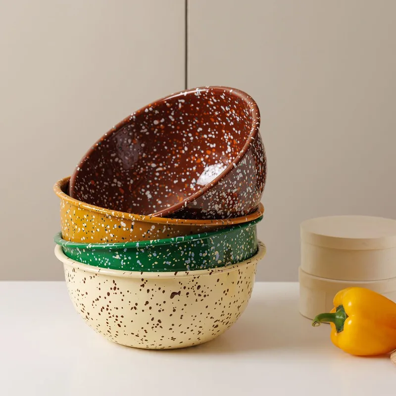 Can Be Open Flames Use Korean Retro Splatter Enamel Bowl with Lid Dessert Salad Bowl Exquisite Breakfast Basin Large Ramen Bowls