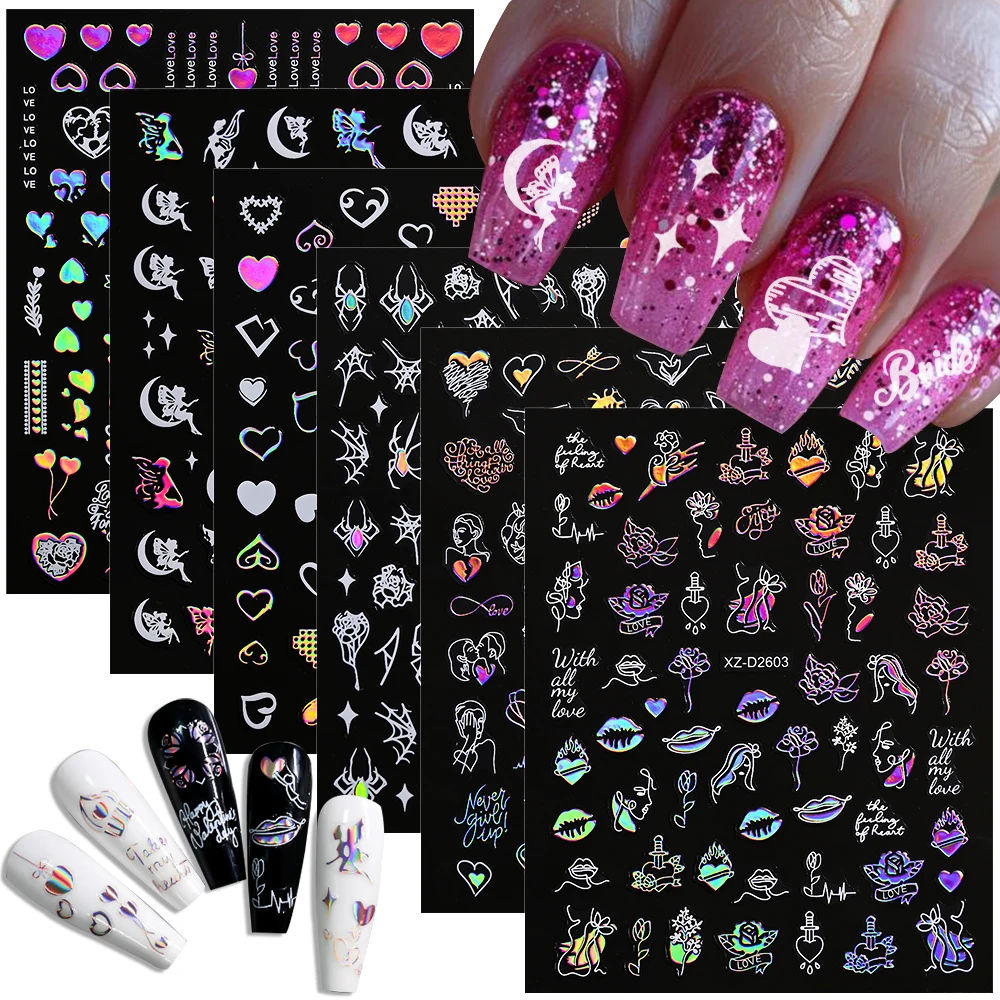 12 pezzi laser colorato cuore d'amore adesivi per nail art San Valentino oro rosso labbro rosa angelo decalcomania per unghie amore palloncino manicure decor