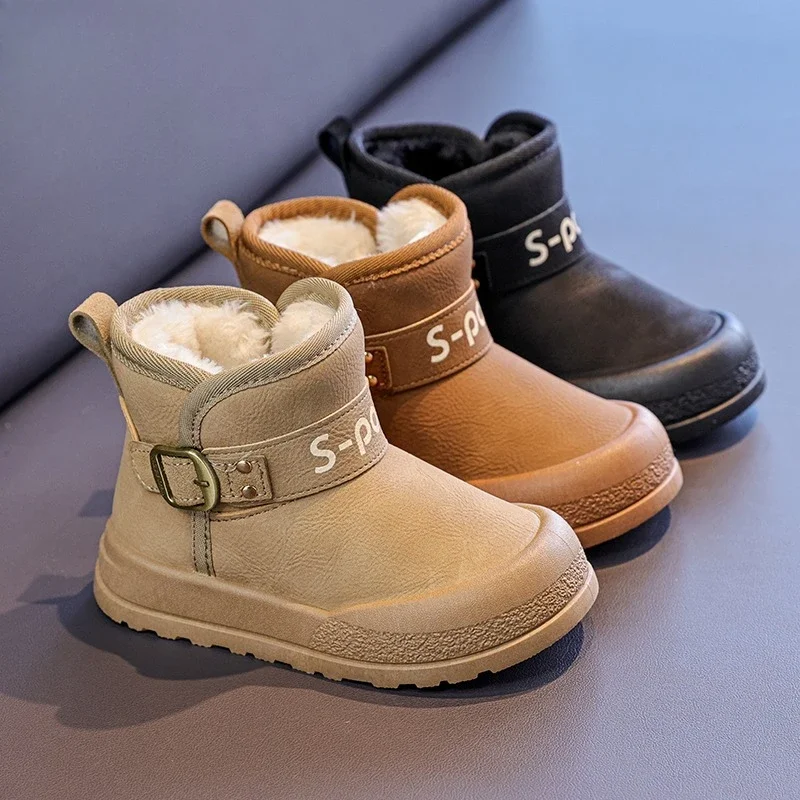 Children Winter Warm Short Snow Boots Kids Thick Plush Lined Ankle Boots Adjustable Buckle Strap Anti Slip Sole for Boys Girls