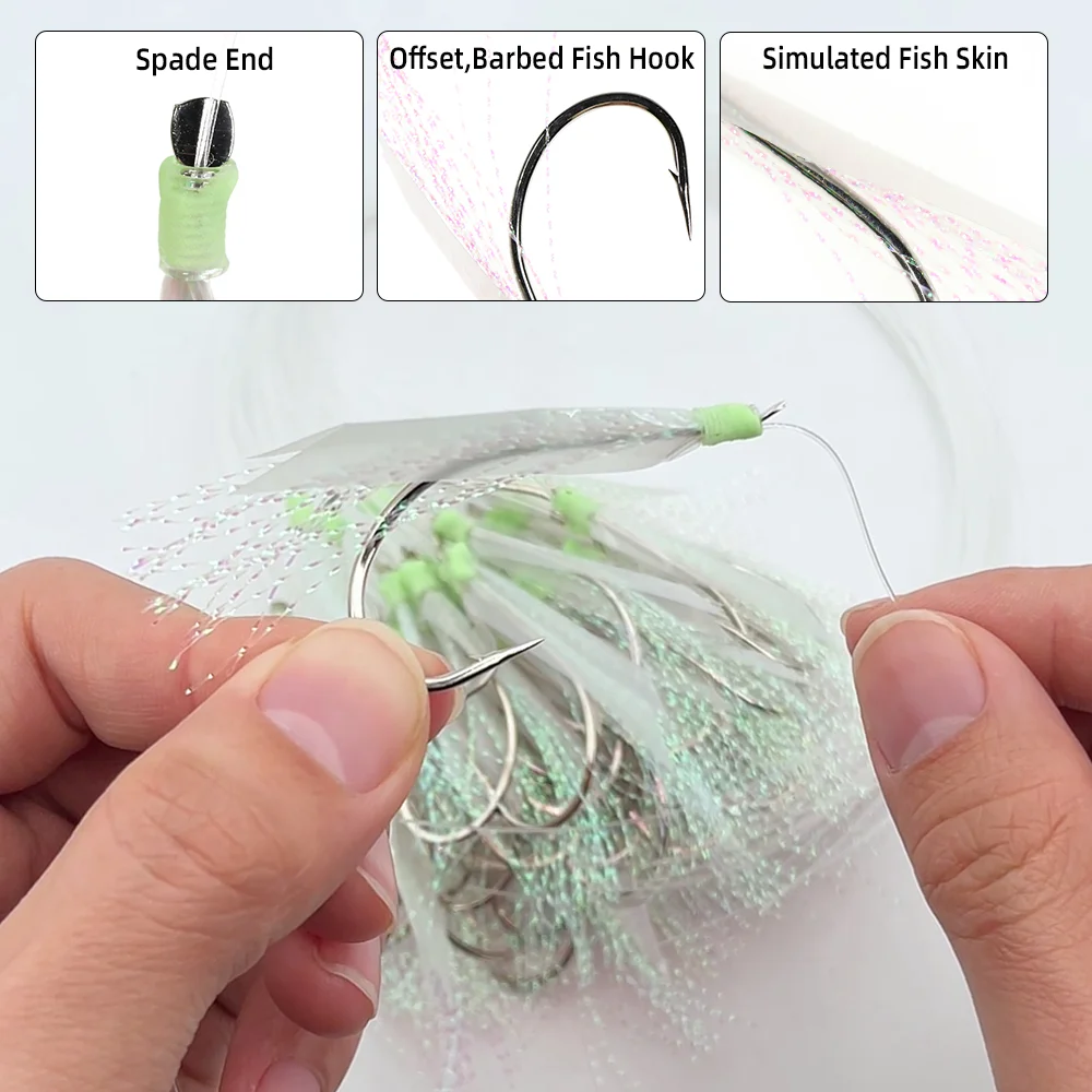 30 Stück # 6～ # 28 Leuchtende Köderköpfe mit Simulierter Fischhaut, Vorgebundene Monofilament-Schnur, Sabiki-Rigs für Forellen-, Hecht- und Salzwasserangeln – Detail 2