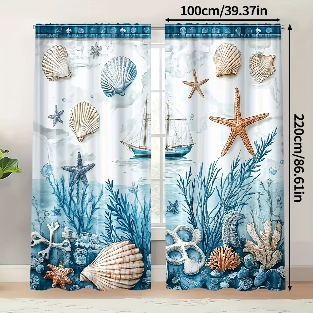 2pcs sea shell boat curtain for living room bedroom privacy and decor nautical style polyester fabric Without curtain rod