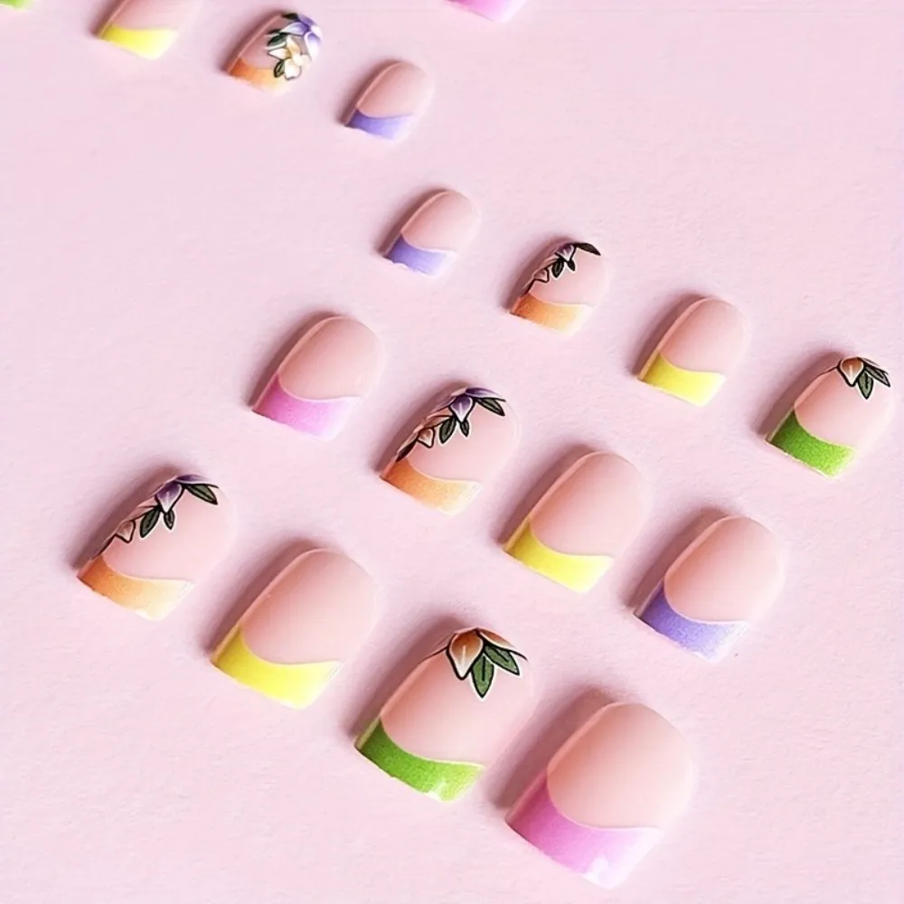 24Pcs Pink Floral French Tip Glossy&Elegant Full Cover Fake Nails for Women&Girls Spring,Daily Wear Short Almond Press-On Nails view 4