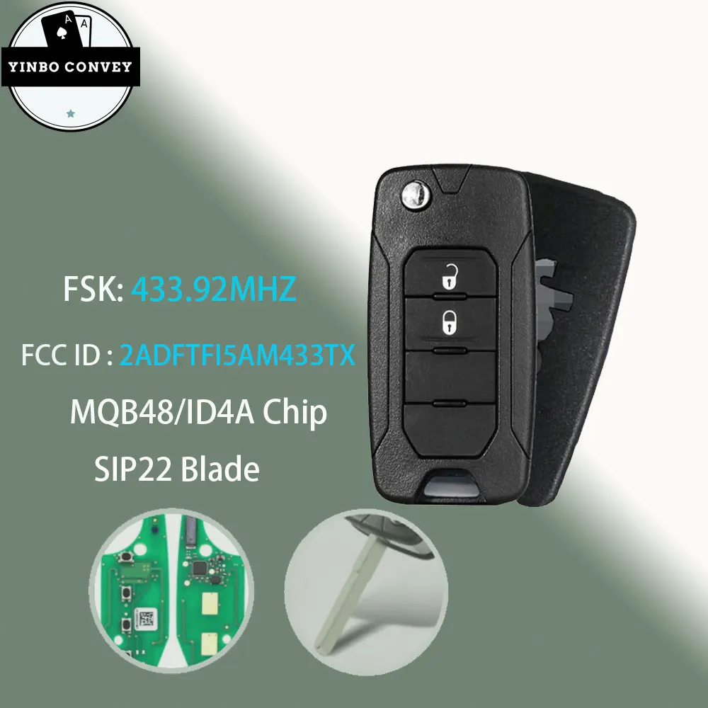 YINBO  Smart Remote Key 2 Buttons 433Mhz ID4A/MQB48 Chip For Jeep Renegade 2016 2017 2018 FCCID:2ADFTFI5AM433TX SIP22 Blade