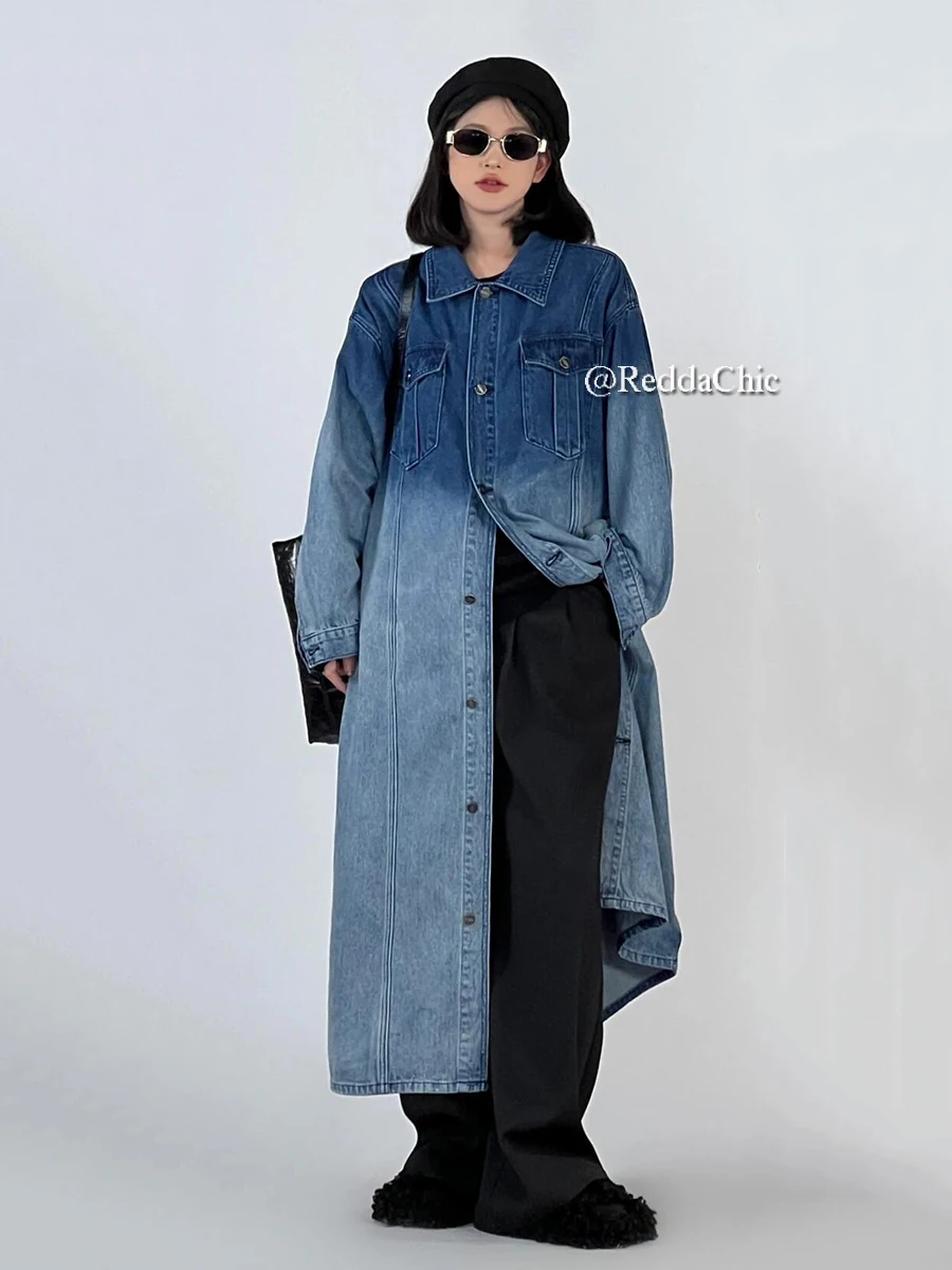 ReddaChic Vintage Wash Long Denim Jacket Women Ombre Blue Button Front  Shoulder Pads Oversize Coat Casual Autumn Winter Outwear