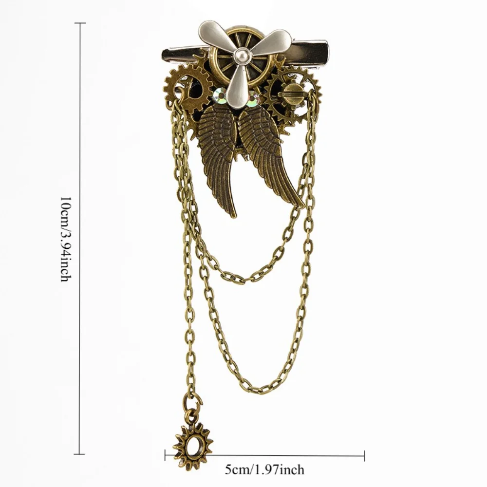 Steampunk Retro Fan Gear Wing Chain Brooch Brass Niche Trendy Collar Needle Clothing Decoration Pin