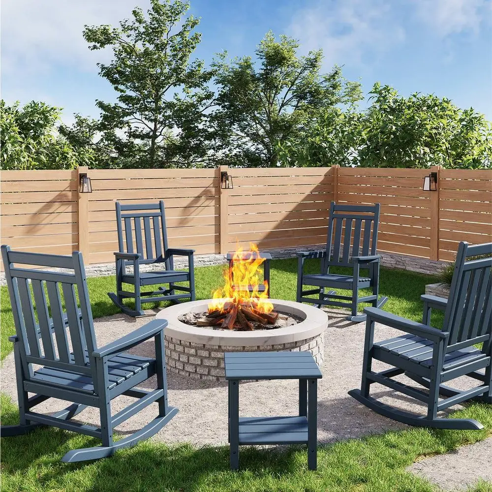 

HDPE Rocking Chair Outdoor Set of 4 with 2 Side Table Poly High Back Porch Rocker Chairs for Adults All Weather Resistant Furni
