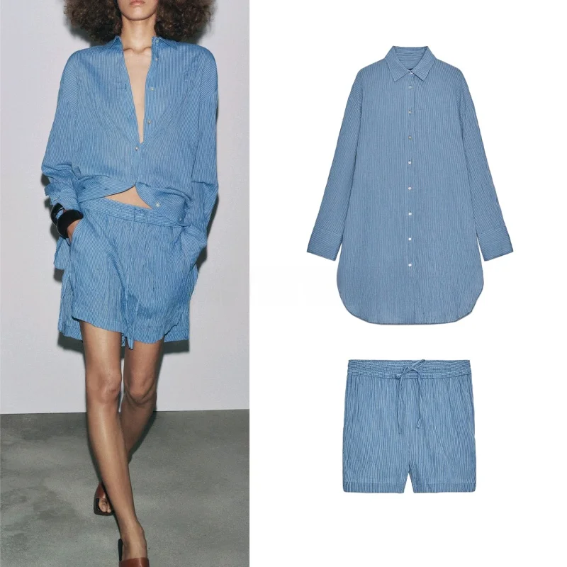 Casual Cotton Blend Striped Long Sve irt And orts Set Button up Sle Summer Faion Women's Two-Piece Suit 2025 Season