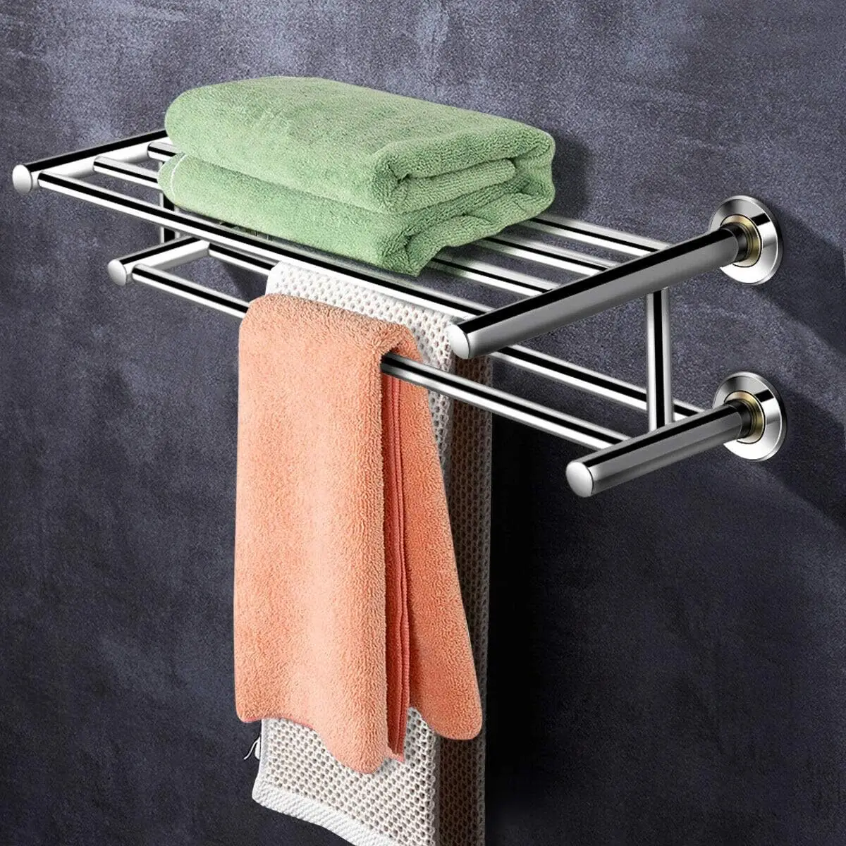 Modern Stainless Steel 24 Inch Double Storage Tier Towel Rack Wall-Mounted Bathroom and Kitchen Towel Bar Holder Organizer