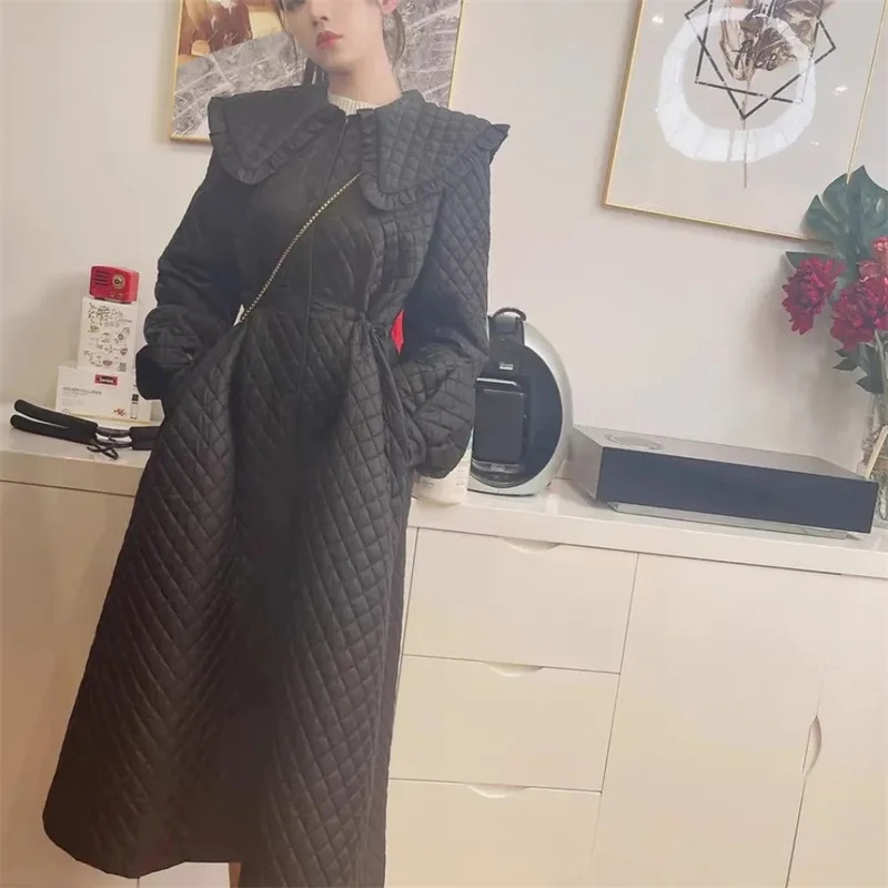 Diamond Plaid Temperament Cotton Coat Cotton Coat Women\'s 2023 Mid length Winter Loose Simple Slim and Thickened Coat Commuting