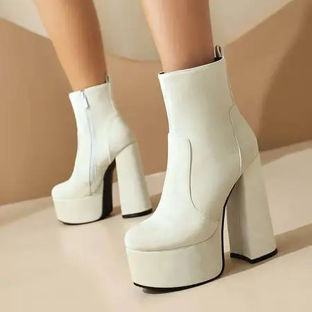 2024 2025 New Autumn Winter Women Ankle Boots Plus Size 22.5-28cm Flock Upper Women Modern Boots Side Zip Platform Women Shoes