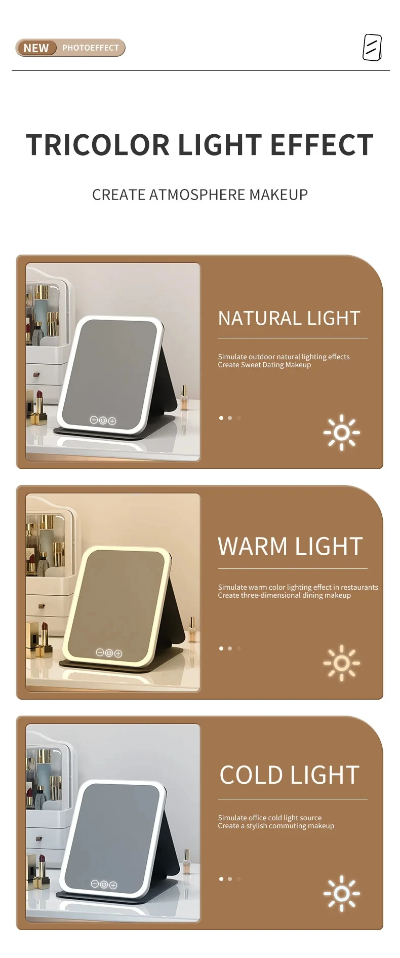 GGbingo USB Rechargeable 3 Colors LED Makeup Mirror Pocket Mirror Touch Dimmable 3 Brightness Foldable for Travel Office Home