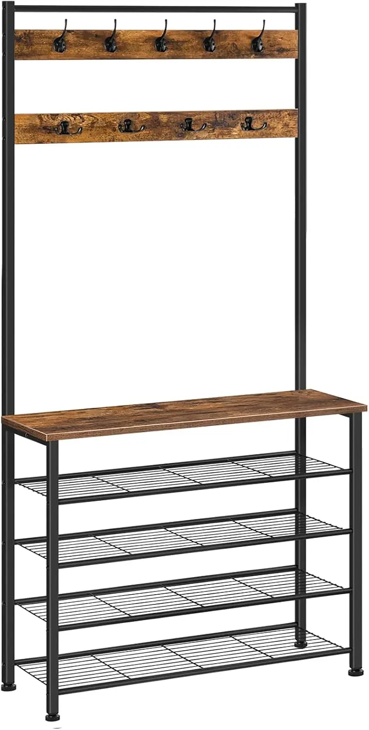 

Hall Tree with Bench and Shoe Rack, 5-Tier Storage Organizer, 9 Hooks for Entryway, Sturdy Industrial Design in Brown and Black