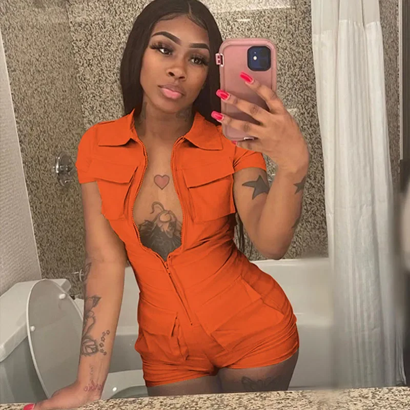 Streetwear กระเป๋าซิปกางเกงขาสั้น Jumpsuit เสื้อผ้าผู้หญิงแขนสั้น Skinny Cargo Playsuit ฤดูร้อน Casual One ชิ้น Romper