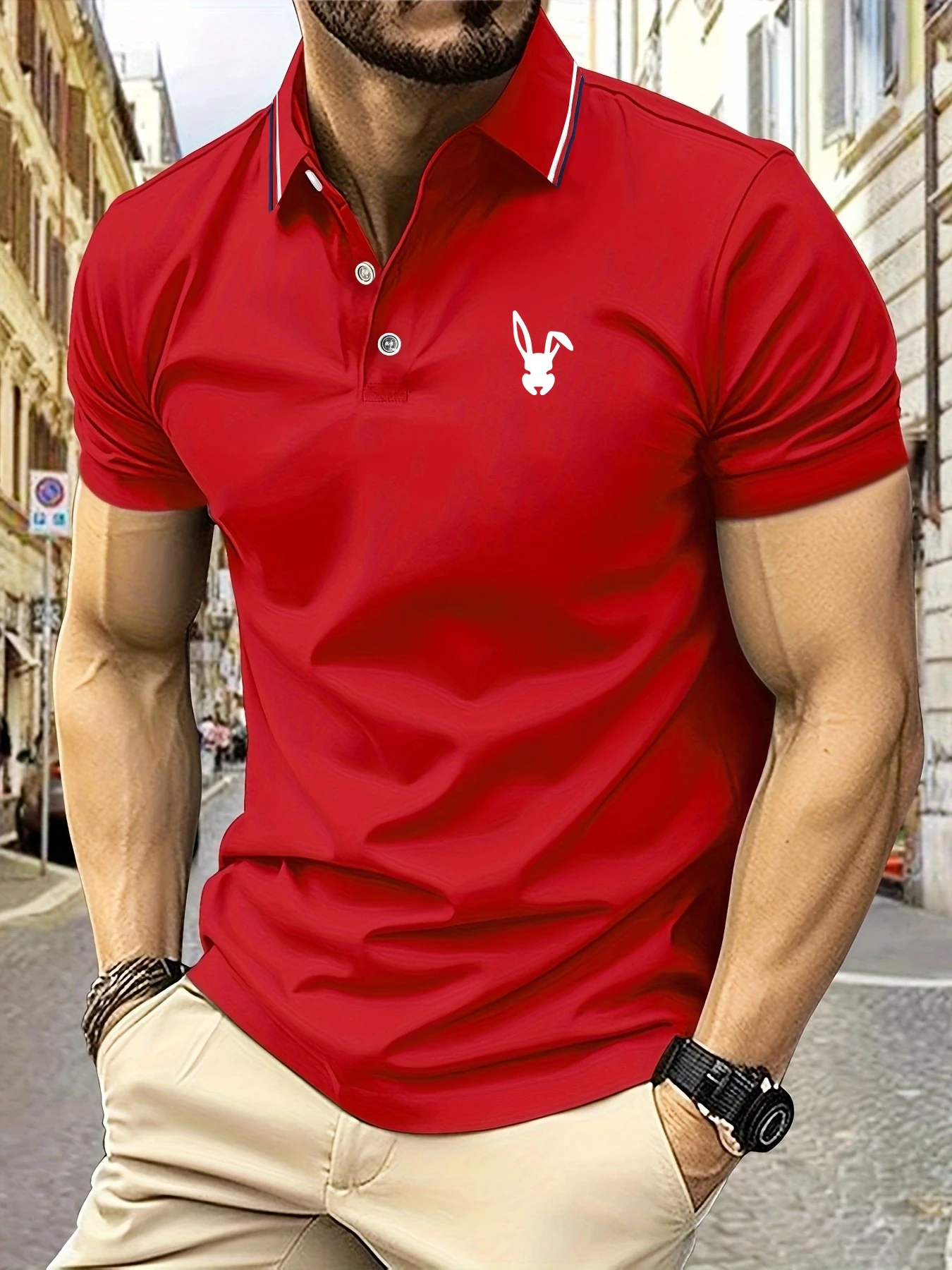 2025 New Men's Polo Shirt Rabbit Logo Pattern Print Summer Lapel stripes Men Short Sleeve Casual Breathable Light Luxury T-shirt image 4