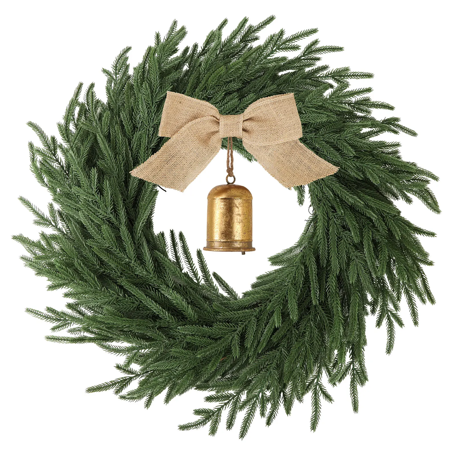 

24 Inch Norfolk Pine Christmas Wreath with 50 LED Lights Battery Operated for Outdoor & Indoor Door Mixed Ribbon and Bell Deco