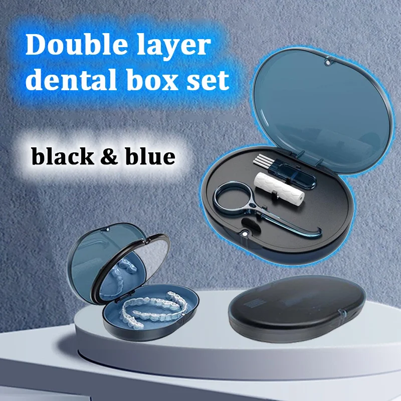 Orthodontic Retainer Braces Storage Box Two Layers of Large Capacity with Mirror Waterproof Breath Soaking Denture Cleaning Case