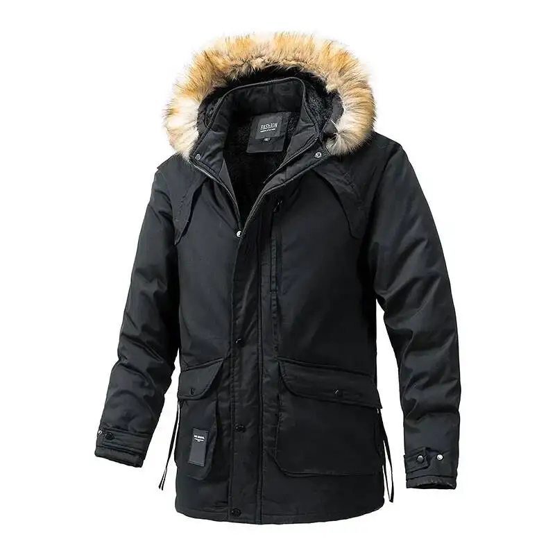 Men's Winter Long Cotton Jacket Hood Outdoor Warmth Fleece Pocket Middle-Length Coat With Fur Collar Casual Loose Fit