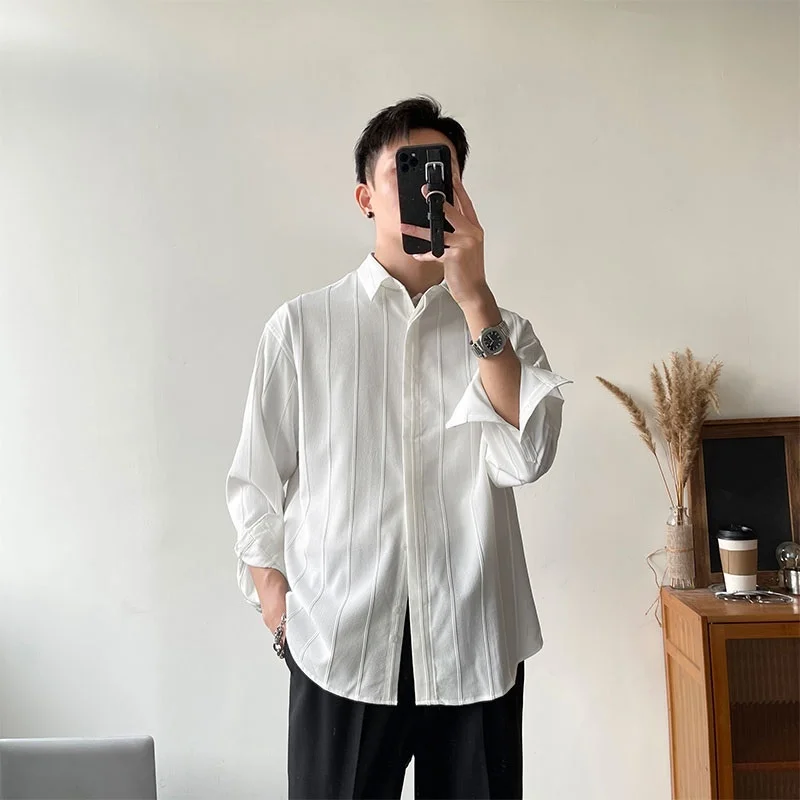 Spring Autumn Men's Long Sleeve Loose Fit Textured Shirt Youth Fashion Casual White Dress Shirt Premium Drape Outerwear