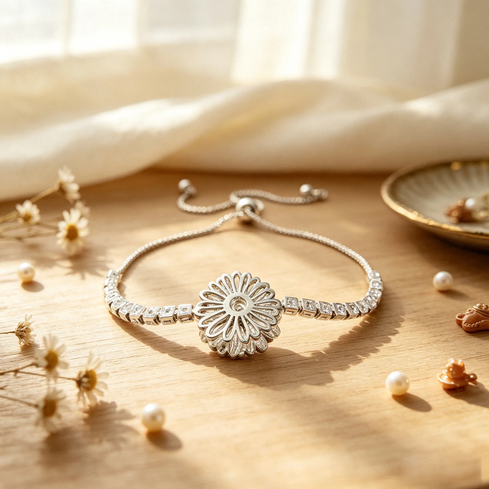 Women Adjustable Blue Enamel Daisy Zircon Tennis Bolo Bracelet for Casual Outfit & Graduation Commemorative Gifts Jewelry