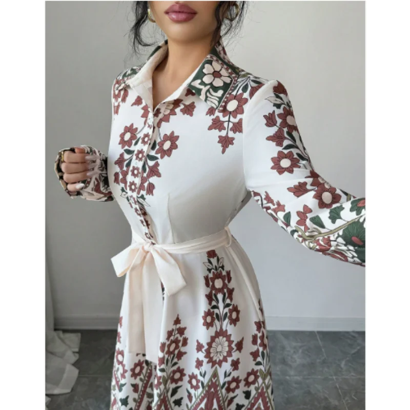 

Spring Autumn 2026 Fashionable Cosplay Style Dress Blue White Porcelain Print Collar Single Button Design New Arrival