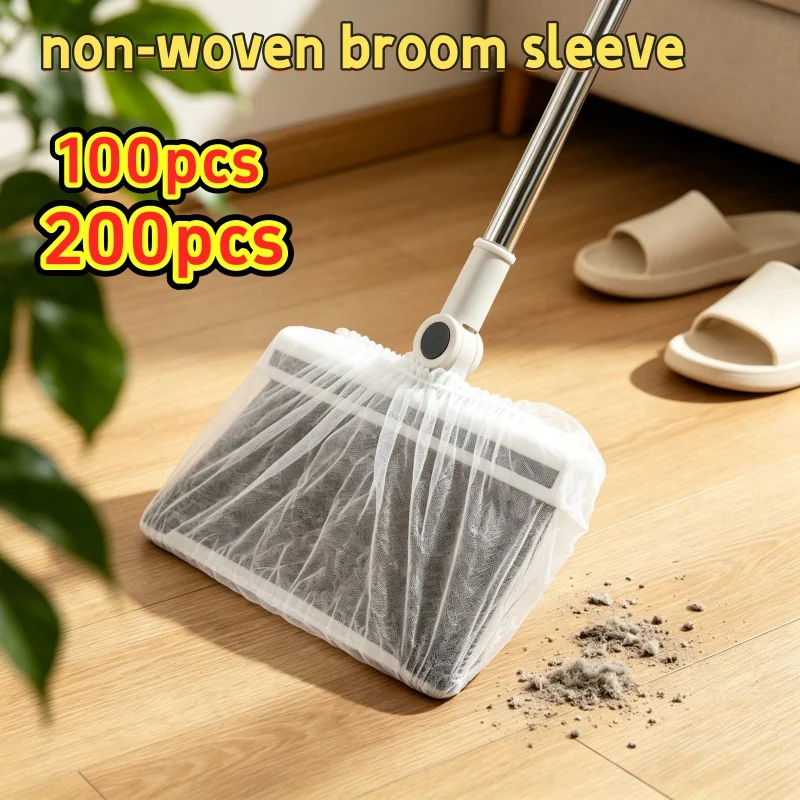 100/200Pcs Disposable Broom Cover Non-woven Dust Hair Catcher Sleeve Household Floor Cleaning Sweeping Cover